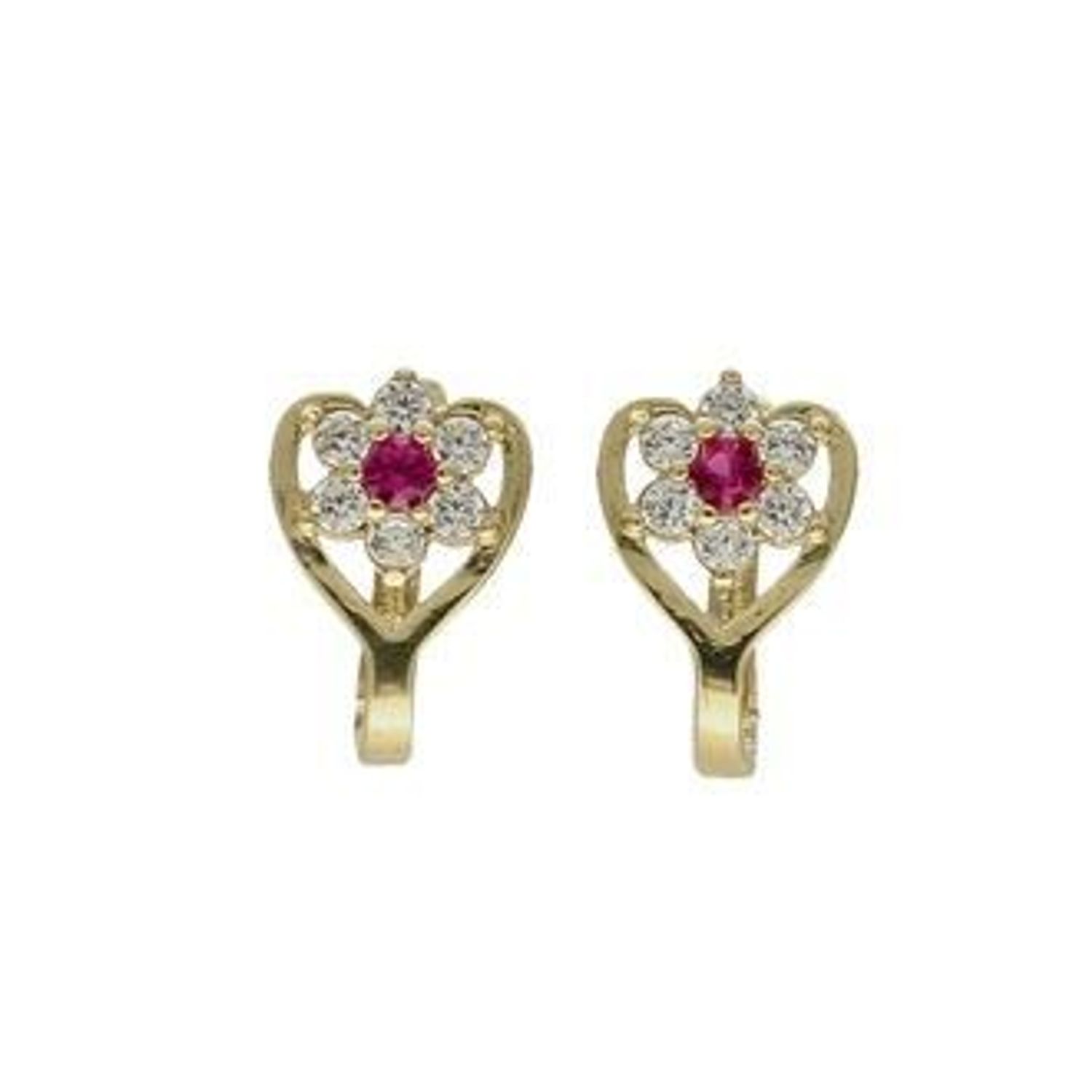 Złote kolczyki 333 kwiatek w serduszku z cyrkonią KL 4206A 333.  Złoto z ozdobnymi białą i czerwoną cyrkonią ułożone w kształt delikatnego serduszka. Urocza biżuteria dla dzieci, świetnie pasująca na prezent z różnych okazji.jpg